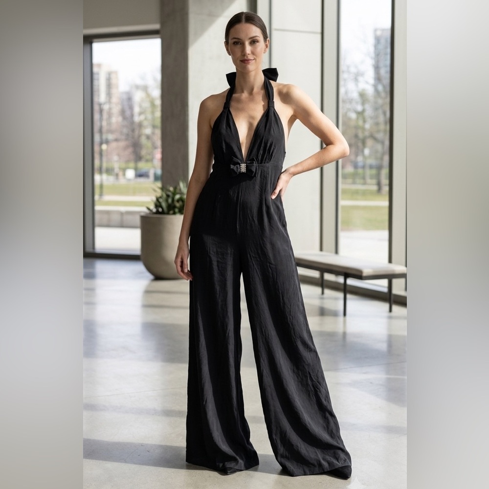 NWT ALICE by Temperley Vienne washed silk wide leg tall black jumpsuit, size 12